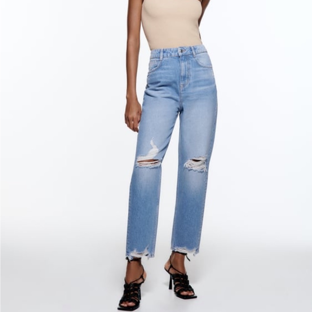 Zara Basic Z 1975 Denim Ripped Distressed Raw Hem Ankle Jeans Sz 4